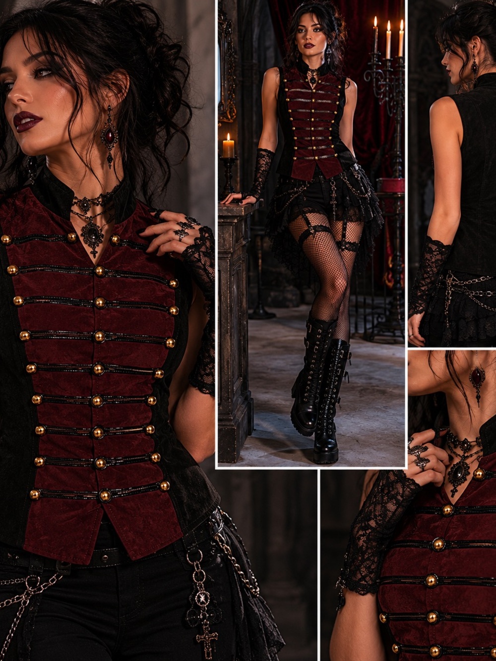 Erez Levy Leather Vest Womens 8 Black Burgundy Military Goth Steampunk Suede